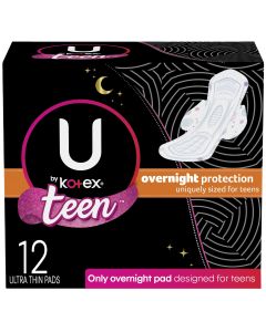 U by Kotex Teen Ultra Thin Feminine Pads with Wings, Overnight, Unscented, 12 Count"