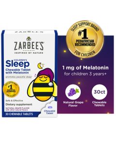 Zarbee's Kids 1mg Melatonin Chewable Tablet, Drug-Free & Effective Sleep Supplement, Easy to Take Natural Grape Flavor Tablets for Children Ages 3 and Up, 30 Count"