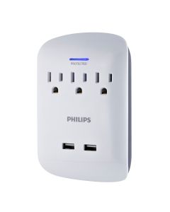 Philips 3-Outlet 2-Port USB Surge Protector Wall Adapter White SPP6233WB/37