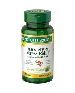 Nature’s Bounty Anxiety & Stress Relief Ashwagandha KSM 66, L-Theanine, Dietary Supplement, Tablets, 50 Ct"