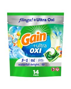 Gain flings Ultra Oxi Laundry Detergent Pacs, Waterfall Delight Scent, 3-in-1, HE Compatible, 14 ct