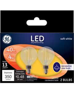 GE G16 E12 (Candelabra) LED Bulb Soft White 40 Watt Equivalence 2 pk