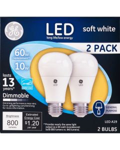 GE LED Soft White 10 Watt (60 Watt Equivalent) General Purpose A19 Light Bulbs, Medium Base, Dimmable (2 Pack)"