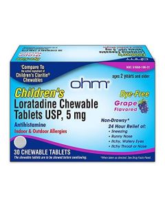 OHM Children’s Chewable Tablets, Dye Free, Grape, Non-Drowsy 24h Relief of Sneezing, Runny Nose, Itchy Watery Eyes, Itchy Throat or Nose, Antihistam