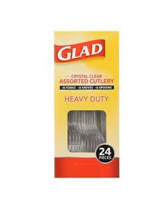 Glad Crystal Clear Assorted Plastic Cutlery Forks, 24 Count | Clear and Heavy Duty Plastic Silverware | 8 Forks, 8 Knives, 8 Spoons | Glad Disposable