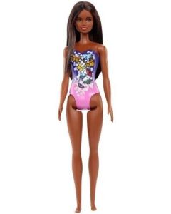 Barbie Beach Doll in Purple Butterfly Swimsuit with Straight Black Hair