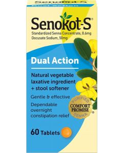 Senokot-S Dual Action, 60 Tablets, Vegetable Laxative Plus Stool Softener Relief of Constipation"