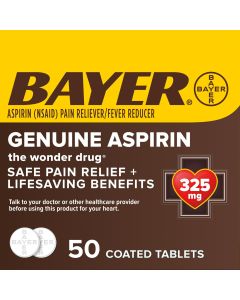 Genuine Bayer Aspirin Pain Reliever / Fever Reducer 325mg Coated Tablets, 50 Count"