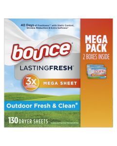 Bounce Lasting Fresh Mega Dryer Sheets, 130 ct, Outdoor Fresh & Clean Fabric Softener Sheets"