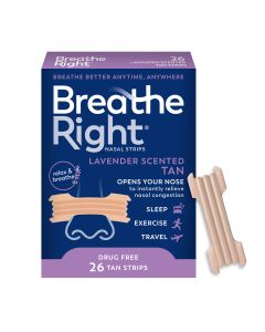 Breathe Right Nasal Strips, Calming Lavender Scent, Extra Strength Tan Nasal Strips, Help Stop Snoring, Drug-Free Snoring Solution & Nasal Congestion Relief Caused By Colds & Allergies, 26 Ct."