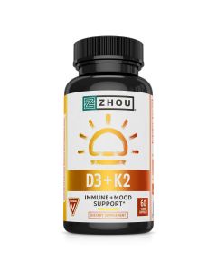 Zhou Nutrition Vitamin D3 K2, Bone and Heart Health Formula 5000 IU Vitamin D3 & 100 mcg Vitamin K2, Max Strength 2 in 1 Immune Support and Calcium Absorption, Gluten Free, 60 Count"