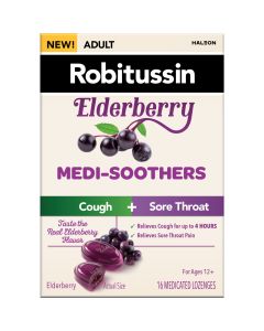 Robitussin Medi-Soothers Elderberry Throat Lozenges, Long-Lasting Cough + Sore Throat Pain Relief - 16 Count"