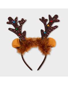 Light up Antlers and Bells Faux Fur Wrapped Headband - Brown