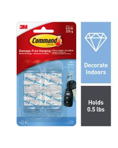 Command Mini Wall Hooks, Clear, Damage Free Decorating, Six Hooks and Eight Command Strips"