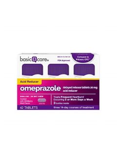 basic care omeprazole delayed release tablets acid reducer, wild berry mint, 42 count"