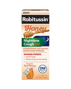 Robitussin Maximum Strength Honey Nighttime Cough Dm, Cough Medicine Made With Real Honey for Flavor - 4 Fl Oz Bottle"