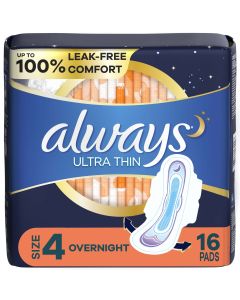 Always Ultra Thin Overnight Pads with Flexi-Wings, Size 4, Overnight, Unscented, 16 Count"