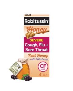 Robitussin Honey Severe Cough, Sore Throat, & Flu Max Day Syrup Max Day Syrup With Elderberry, Ages 12+, 4 Oz"