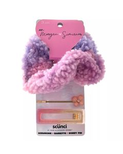 Scunci x Morgan Simianer Hair Accessory Set, 3-Piece (Purple Pink Scrunchie, Barrette, Flower Bobby Pin)"