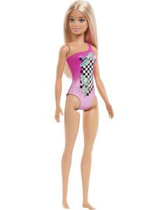 Barbie Beach Doll in Pink Checkered Swimsuit with Straight Blonde Hair