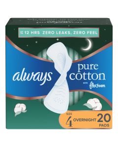 Always Pure Cotton with FlexFoam Pads Overnight Absorbency with Wings, Size 4, 20 ct"