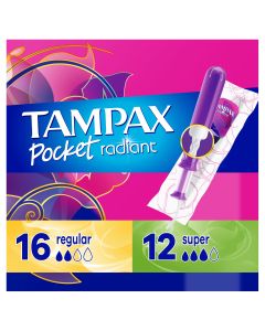 Tampax Pocket Radiant Tampons with LeakGuard Braid, Duo Pack Regular/Super Absorbency, 28 Ct"