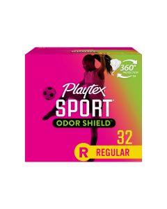 Playtex Sport Odor Shield Regular Absorbency Tampons, Plastic Applicator Tampons, 32 Ct, Up To 2X More Odor Protection, 360 Degree Sport Level Period Protection, Traps Leaks, No-Slip Grip Applicator"