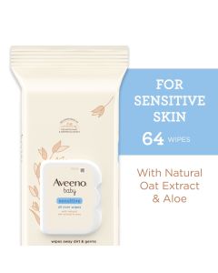 Aveeno Baby All Over Baby Wipes For Sensitive Skin with Oat and Aloe, Alcohol Free & Unscented, 64 Ct"