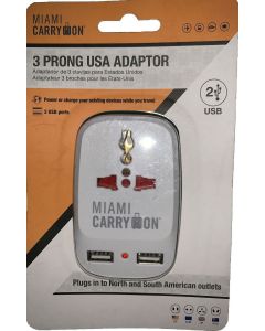 Miami Carry On 3 Prong USA Adaptor Power or Charge - 2 USB Ports