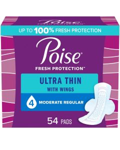 Poise Ultra Thin Incontinence Pads for Women, with Wings, 4 Drop, Moderate Absorbency, Regular, 54 Count"