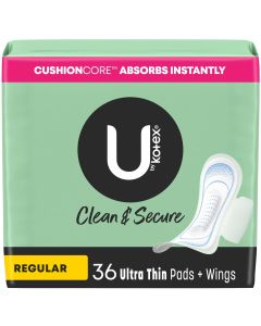 U by Kotex Clean & Secure Ultra Thin Pads with Wings, Regular Absorbency, 36 Count"