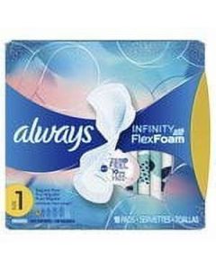 Always Infinity Feminine Pads, Size 1 Regular, with Wings, Unscented, 18 ct"