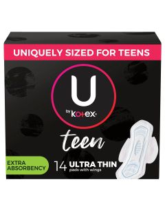 U by Kotex Teen Ultra Thin Feminine Pads with Wings, Extra Absorbency, Unscented, 14 Count"