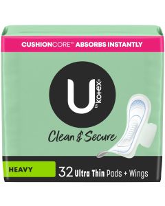 U by Kotex Clean & Secure Ultra Thin Pads with Wings, Heavy Absorbency, 32 Count"