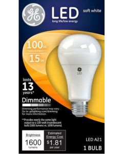 GE Dimmable LED Light Bulb, 15W (100W Equivalent), Soft White, 1-count"