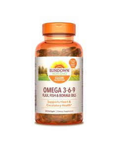 Sundown Omega 3 6 9, With Flax, Fish and Borage Oils, Supports Heart and Circulatory Health, 200 Softgels (Packaging May Vary)"