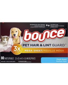 Bounce Pet Hair and Lint Guard Mega Dryer Sheets, Fresh Scent, 80 ct"