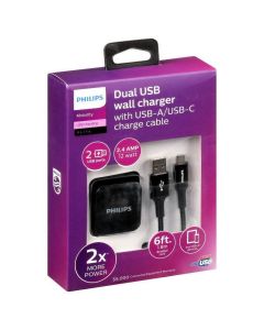 Philips Wall Charger Charging Kit, 2 Port, 12W, USB-A to USB-C, 6ft Braided, for iPhone 12/11/Pro/Max/XS/XR/X/8, iPad Pro, Samsung Galaxy S21/S10/S9/Plus, Google Pixel 5/C/3/2/XL, Black, DLP6212C/37"