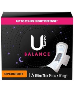 U by Kotex Balance Ultra Thin Overnight Pads with Wings, 13 Count"