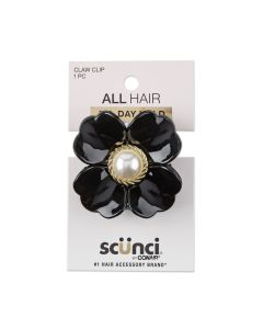 Scunci Flower Claw Clip with Pearl Embellishment, Black"