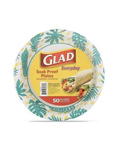 Glad Tabletop Round Disposable Paper Plates with Palm Leaves Design, 8.5 Inches, 50 Count"