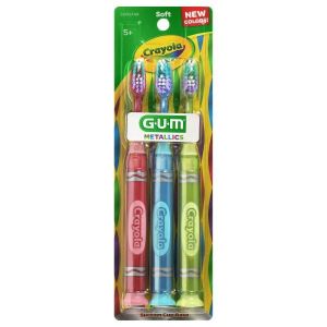 GUM Crayola Metallic Marker Children’s Toothbrush , Soft Bristled Kids’ Toothbrush Set Age 5+ , Suction Cup Base , 3 Count"