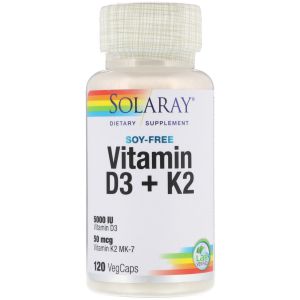 Solaray Vitamin D3 + K2 | D & K Vitamins for Calcium Absorption and Support for Healthy Cardiovascular System & Arteries | Non-GMO & No Soy | 120CT