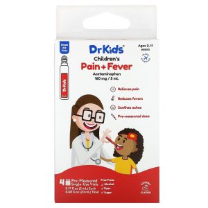 DrKids Children's Pain + Fever,  Ages 2-11 Years, Cherry, 4 Pre-Measured Single-Use Vials, 0.17 fl oz (5 ml) Each"