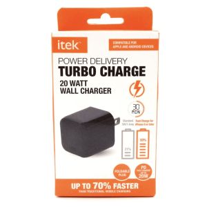 Itek Power Delivery Turbo Charge 20 Watt Wall Charger Up to 70% Faster Black