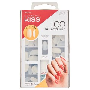 KISS Full-Cover Nails, Press-On Nails, Active Oval, Clear, Medium Oval, 100 Count"