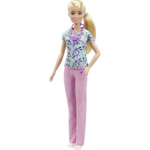 Barbie Nurse Fashion Doll Dressed in Medical Scrubs, White Shoes & Stethoscope Accessory"