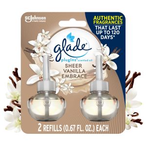 Glade PlugIns Air Freshener Refills, Dorm Room Essentials, Sheer Vanilla Embrace, Infused with Essential Oils, 0.67 oz, 2 Count"