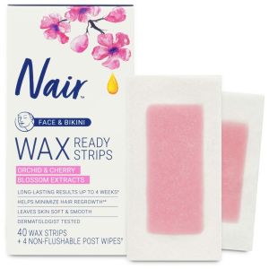 Nair Hair Remover Wax Ready Strips, Face and Bikini Hair Removal Wax Strips, 40 Count"