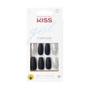 KISS Gel Fantasy, Press On Nails, A Whole New World, Black, Long Coffin, 28 Count"